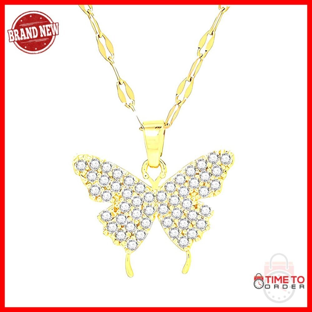 18K Gold Plated Butterfly Pendant Necklace with Crystal Accents, Waterproof